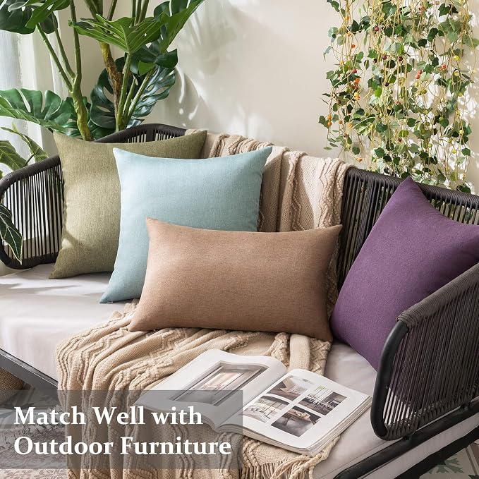 MIULEE Pack of 2 Decorative Outdoor Solid Waterproof Throw Pillow Covers Faux Linen Garden Farmhouse Cushion Cases for Patio Tent Balcony Couch Sofa 16x16 Inch Dark Green