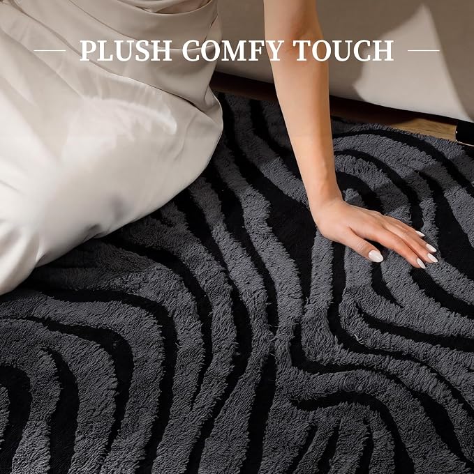 YIHOUSE 8×10 Ft Zebra Area Rugs Black and Grey: Washable Nonslip Plush Soft Rug for Living Room - High-Low Striped Carpet for Bedroom Dining Room Office Playroom Nursery Home Decor