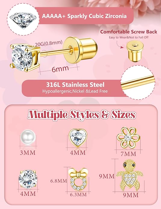 CASSIECA Hypoallergenic Earrings for Girls Kids Women Screw Back Surgical Stainless Steel CZ Heart Stud for Sensitive Ears Cute Jewelry Gift 20G