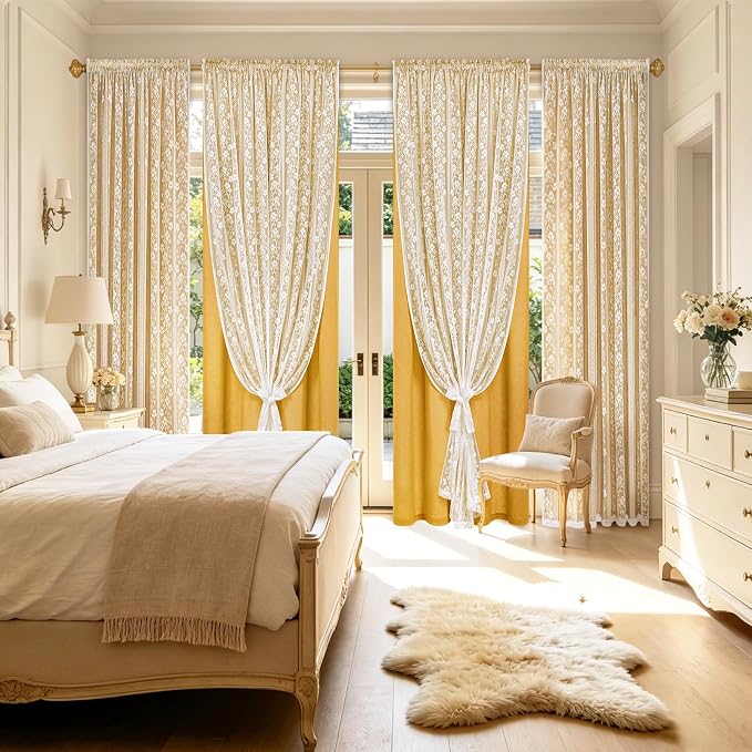 ASPMIZ Linen Curtains for Living Room Double Layer Curtains with Linen Lace, Mustard Yellow Bedroom Curtain Light Filtering, Rod Pocket Drapes 63 Inch Length 2 Panels Set with 2 Tiebacks, 52x63