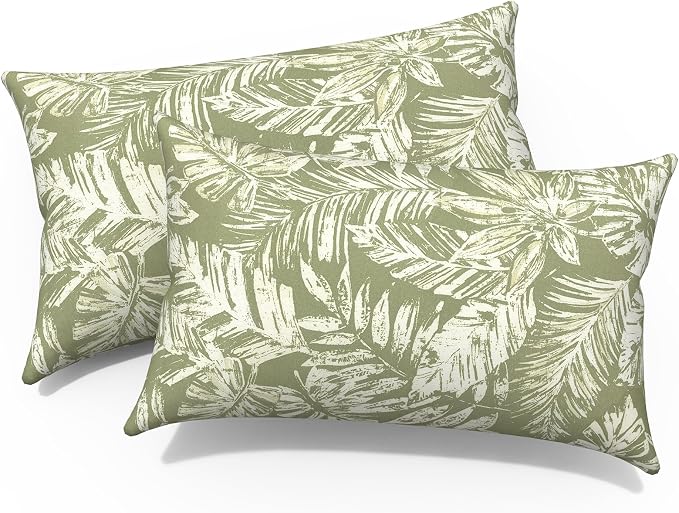 Outdoor Lumbar Pillows 12x20 Inch, Water Repellent Cushion Pillows, Outdoor Pillows with Inserts for Home Garden Pack of 2, Tropical Leaf Green