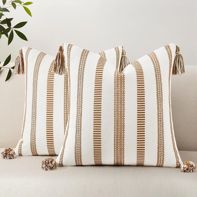 Smile Bee Boho Outdoor Couch Throw Pillow Covers Set of 2 Decorative Thick Woven Striped Accent Neutral Pillow Covers with Tassels for Bed Sofa Home Decor 20x20 Inch, Brown and Cream White | Woven Cozy Boho Decorative Modern Farmhouse Accent Pillow Cas...