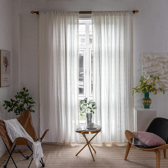 Boho Curtains for Bedroom Embroidery Striped Farmhouse 84 Inches Long 2 Pannels Set White Linen Light Filtering for Living Room Rod Pocket Drapes(52" W x 84" L,White)