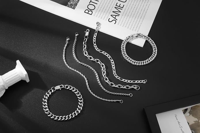 XIANNVXI 6pcs Bracelets for Men Gifts for Him Stainless Steel Bracelet Silver/Gold/Black Cuban Link Rope Paperclip Chain Bracelets Set 6.5/7/7.5/8.3/9 Inches Metal Bracelet Mens Fashion Accessories Jewelry Gifts Set