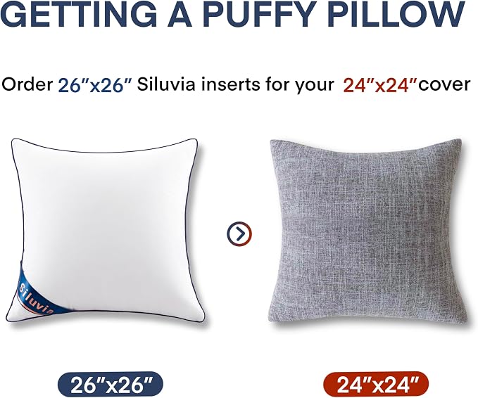 Siluvia Euro Pillows 26x26 Pillow Inserts Set of 2 Square Throw 26 Pillow with 100% Cotton Cover for Sofa, Couch, and Bed - White | 100% pure cotton cover, soft and breathable