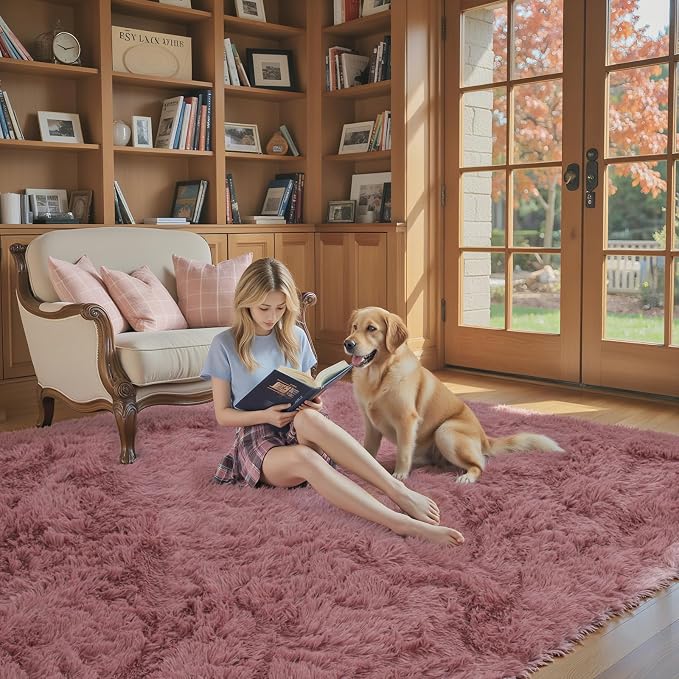 Area Rugs 9x12 Living Room, Large Area Rug Shaggy Carpet Soft Plush Furry Bedside Rug, Machine Washable Area Rugs for Bedroom Home Decor Non-Slip(9 x 12, Blush)