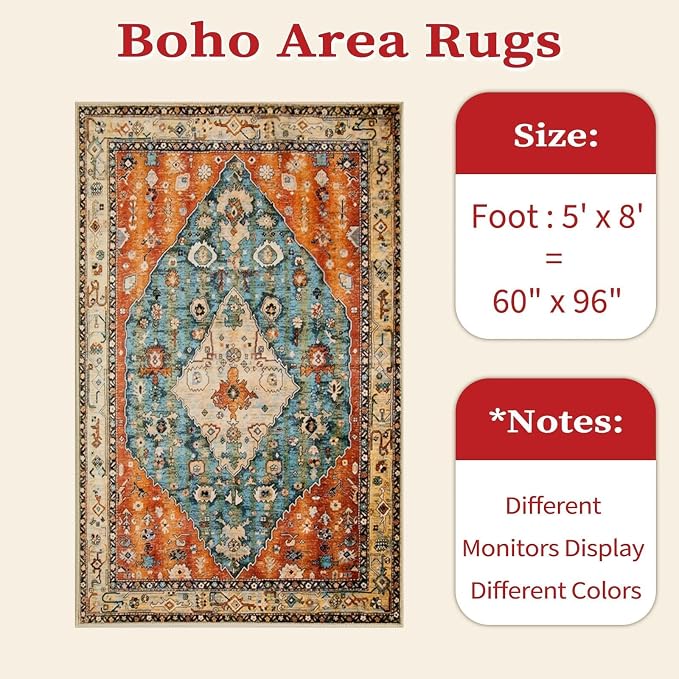 SERISSA 5x8 Area Rugs for Living Room, Large Washable Non-Slip Boho Rug, Ultra Soft Vintage Tribal Oriental Print Distressed Carpet for Bedroom Dining Room Dorm Office Home Decor