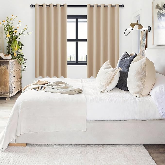 Hiasan Blackout Curtains for Bedroom, 60 x 63 Inches Length - Thermal Insulated & Energy Saving Window Curtains for Living Room, 2 Drape Panels Sewn with Tiebacks, Beige