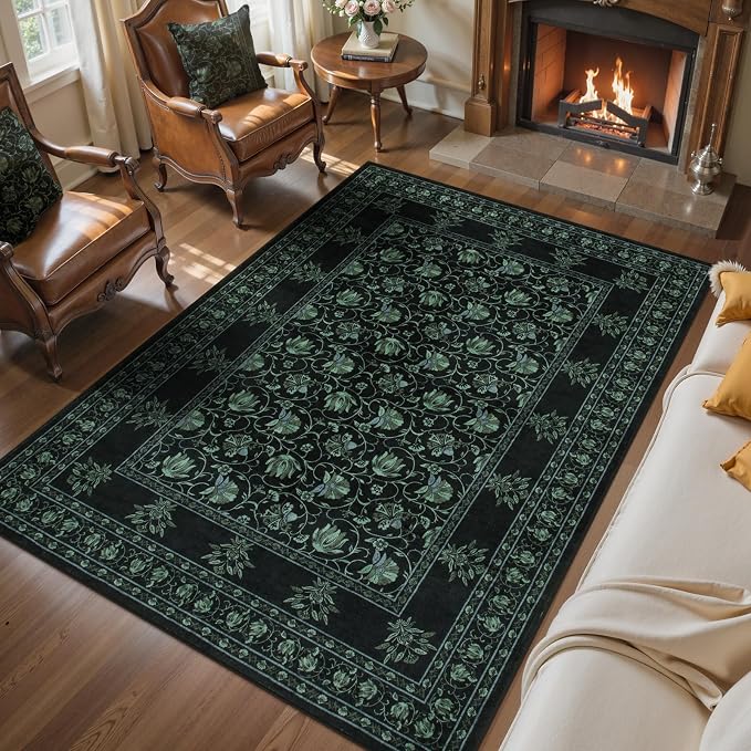 Lahome Floral Black Rugs for Living Room, Low Pile Soft Area Rugs 5x7 Rugs for Bedroom Non Slip, Stain Resistant Vintage Floral Rug for Dining Room Office (5'x7', Black/Green)