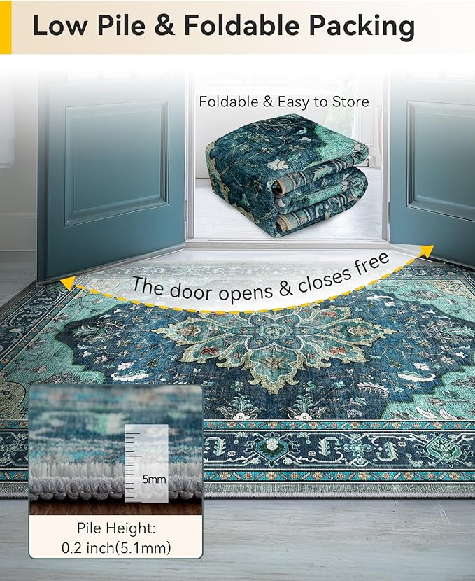 RELEANY Area Rugs Runner 3'x10' Washable Non-Slip, Floral Vintage Distress Medallion Carpet for Kitchen Hallway Bedroom Beside Laundry Room Bathroom, Teal Green Lake Blue Turquoise