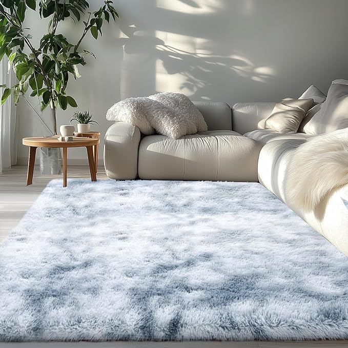 Fluffy Area Rug for Living Room: 6x9 Shag Rugs for Living Room- 6x9 Feet Fluffy Rugs- Shag Tie-Dyed Light Grey Rugs Soft Fuzzy Carpets for Bedroom, Nursery (Tie-Dyed Light Grey,6x9)