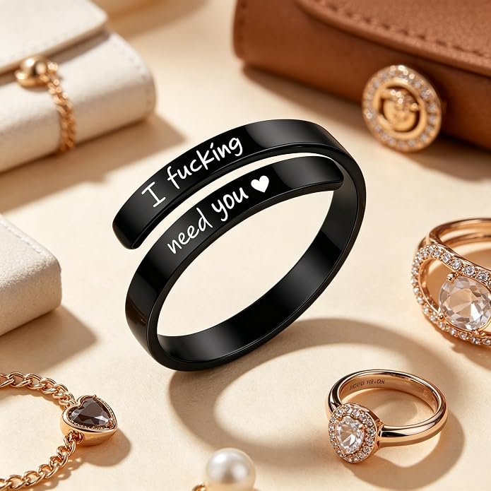 I Fcking Love You Ring, Stainless Steel Engraved Inspirational Words Heart Open Adults Women Vintage Promise Rings Lover Wife Jewelry