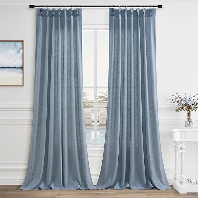 Stone Blue Pleated Linen Curtains 96 Inches Long for Living Room Bedroom 2 Panel Set Semi Sheer Light Filtering Pinch Pleat with Rings Hooks Drapes Boho Farmhouse Window Curtain Light Blue Grey