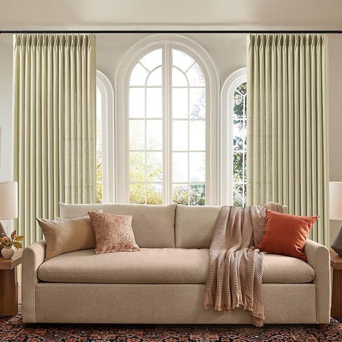 Pinch Pleated Linen Curtains 90 Inches Long 2 Panels for Living Room, Light Filtering Pleat Curtain Back Tab Semi Sheer Linen Drapes with Hooks Rings for Bedroom Dining Room, 40x90, Grey Beige