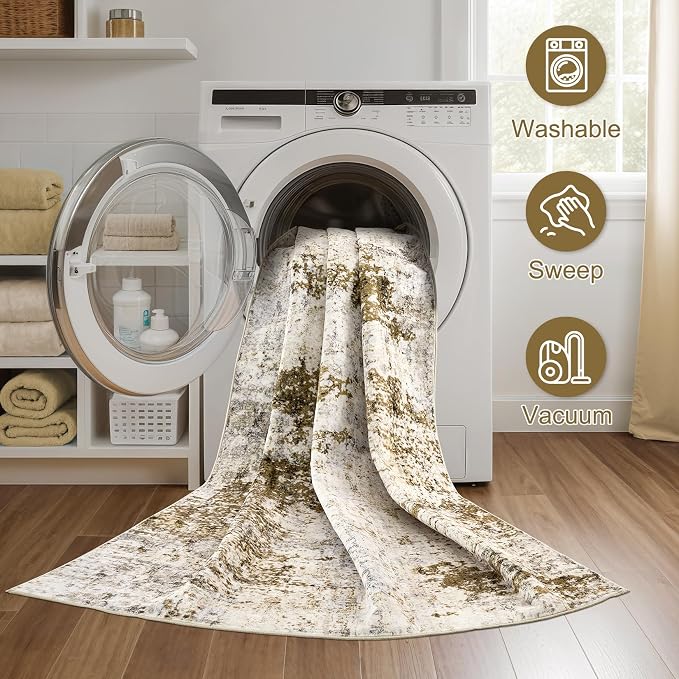 5ft Round Area Rug Living Room Rugs - 5x5 Washable Large Soft Indoor Neutral Modern Abstract Low Pile Rug Carpet for Bedroom Dining Room Farmhouse Home Office - Light Brown