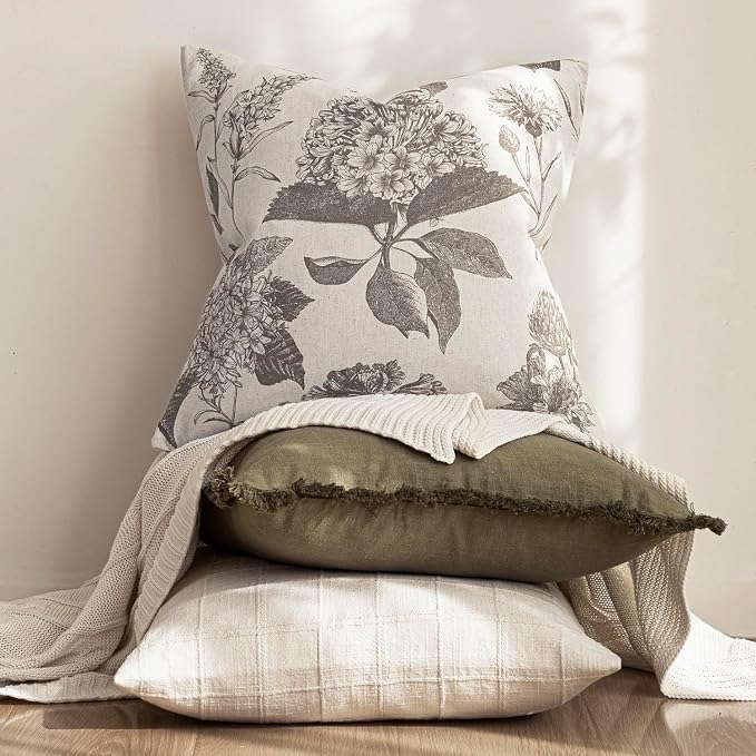 Foindtower Set of 2 Linen Floral Vintage Throw Pillow Covers Neutral Accent Decorative Cushion Covers Farmhouse Boho Home Decor for Sofa Chair Couch Bedroom Living Room,20×20 Inch,Light Gray