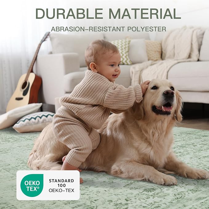 6x9 Vintage Washable Area Rug, Light Green | Living Room,Low Pile Non Slip Carpet Non-Shedding Soft Indoor Stain Resistant Floral Print Mat for Bedroom Dining Room