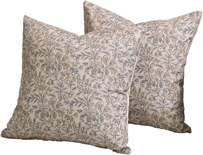 Amor Virisso Floral Throw Pillow Covers 24x24 Set of 2 Vintage Block Print Pillow Covers Decorative Pillow Covers Couch Pillows for Living Room Farmhouse Accent Sofa Pillows, Yellow/Sand