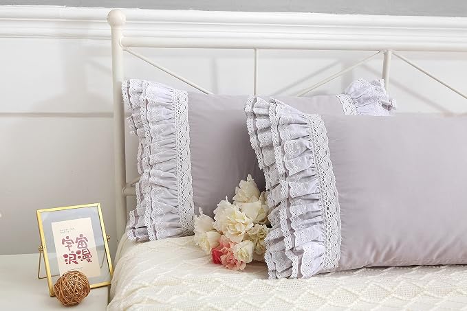 Gray Pillow Shams with Lace Ruffles Shabby Chic Cotton Queen Size Grey Pillowcases 20 x 30 2-Pack