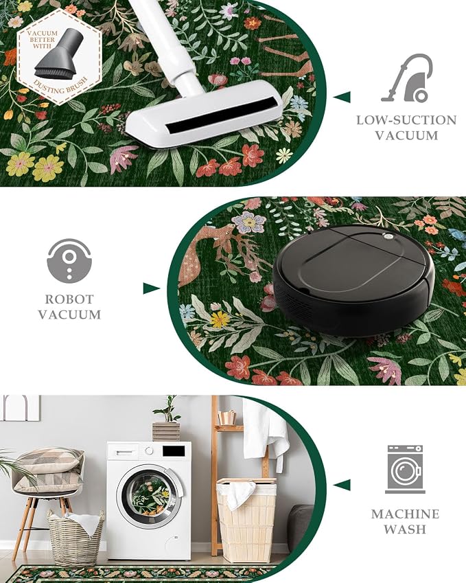 Lunasun Green 5x7 Area Rug for Living Room - Cottage Core Rug for Bedroom, Dining Room, Kids Playroom, Home Office, Floral Washable Non Slip Floor Décor