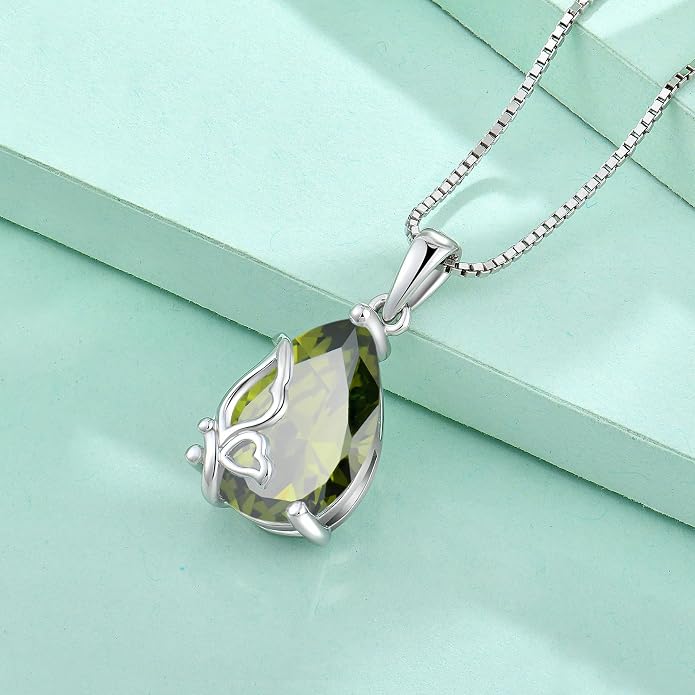 Teardrop Necklace 925 Sterling Silver Butterfly Pendant Necklace Birthstone Jewelry for Women