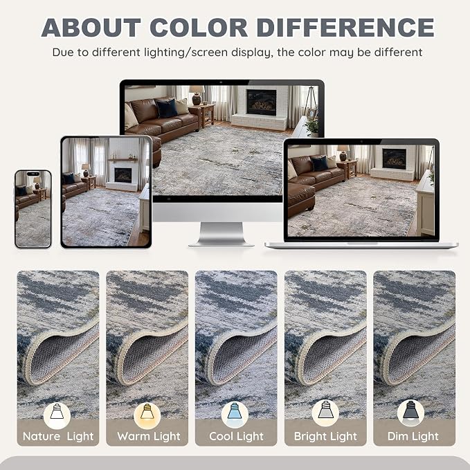 DMOYEST Area Rug Living Room Rugs - 7x9 Washable Large Soft Indoor Neutral Modern Abstract Low Pile Rug Carpet for Bedroom Dining Room Farmhouse Home Office - Blue/Grey/Brown