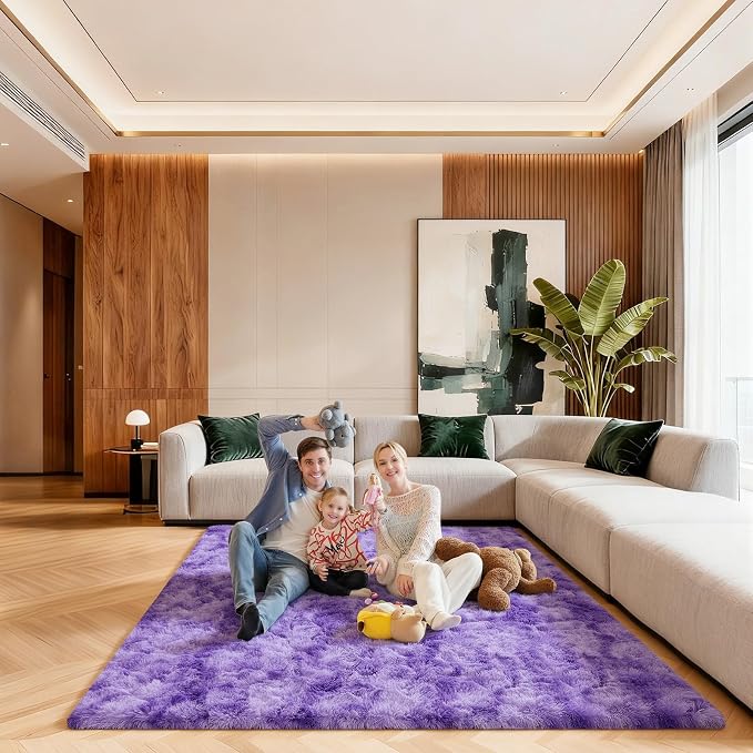 5x7 Area Rugs for Living Room, Large Fluffy Rugs for Bedroom, Fuzzy Shag Soft Non-Slip Carpet for Kids Girls and Boys Nursery Dorm Indoor Room Home Decor (5ft X 7ft, Tie-Dyed Purple)