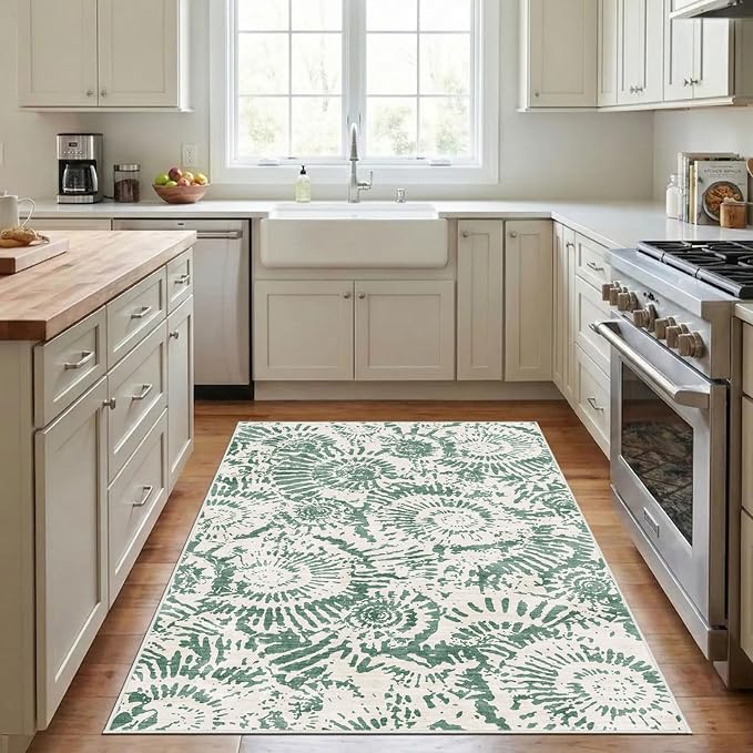BLISSA Washable 3x5 Entryway Rug - Ultra Thin Fresh Green White Modern Non-Slip Small Front Door Mat Indoor Entrance Soft Geometric Boho Neutral Abstract Area Rugs for Bedroom Kitchen Mudroom Foyer