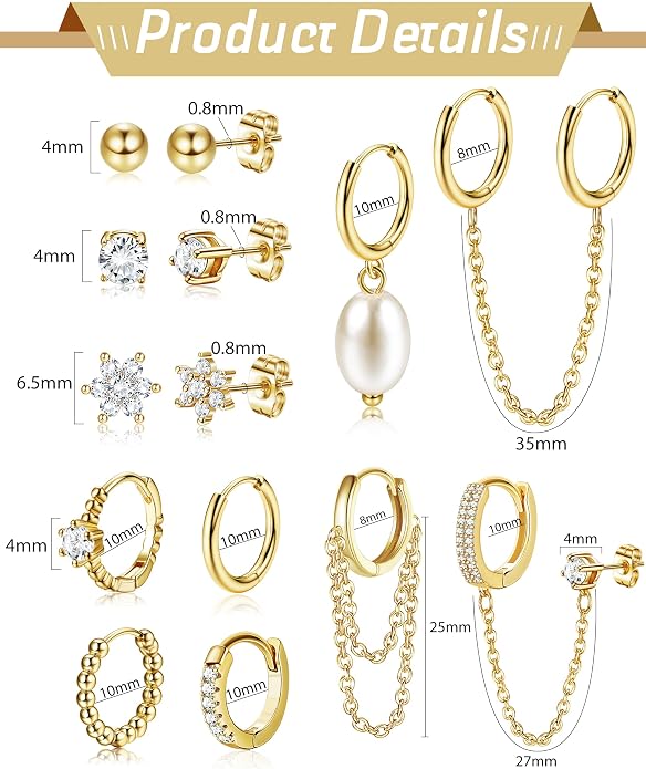 Small 14K Gold Plated Huggie Hoop Earrings for Women Lightweight Double Piercing Chain Earrings Dainty Stud Earrings Hypoallergenic 14K Gold Plated Hoop Earrings Set