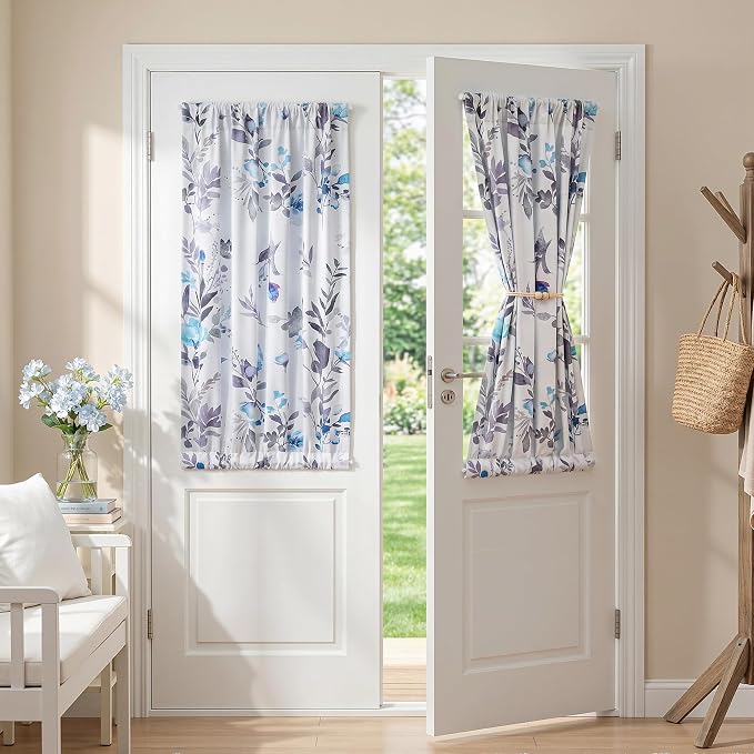 MYSKY HOME Floral French Door Curtains 40 inch Long Set of 2 Blackout Privacy Sidelight Door Window Drapes with Rod Pocket, Blue, 24" W Each Panel