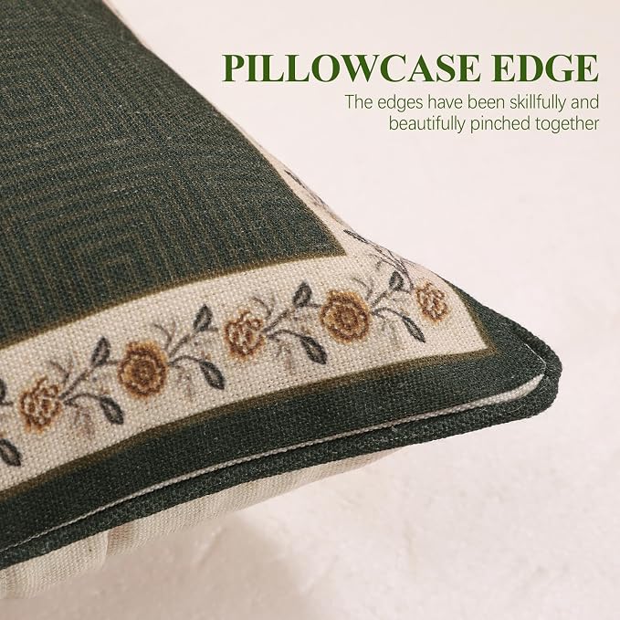 ISAENNE Vintage Linen Rectangle Throw Pillow Cover,Set of 2,28"x12"-Murad E | Designer French Green Pillow Cover,Concealed Zipper Design,Floral and Bird Pattern,Sofa,Bedroom,Living Room,Lounge Chairs
