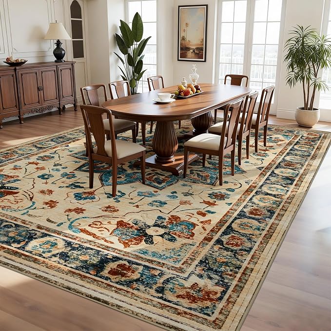 Joydeco 8x10 Area Rugs for Living Room, Non Slip Machine Washable Vintage Rug, Low Pile Chenille Print Rugs for Bedroom, Dining Room, Home Office, Pet & Child Friendly, Beige & Blue & Reddish-Brown