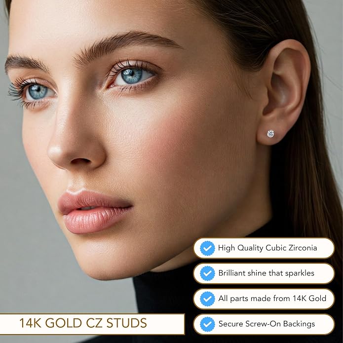 14k White Gold Solitaire Round Cubic Zirconia CZ Stud Earrings in Secure Screw-backs