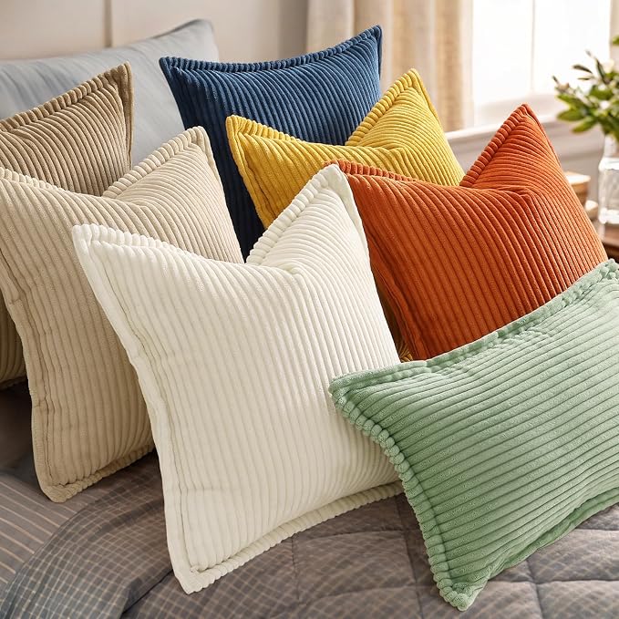 decorUhome Fall Corduroy Sage Green Throw Pillow Covers 22x22 Set of 2 | Euro Sham Couch Decorative Soft Modern Boho Farmhouse Pillow Covers Broadside Striped Pillow Cases for Living Room Bed Sofa