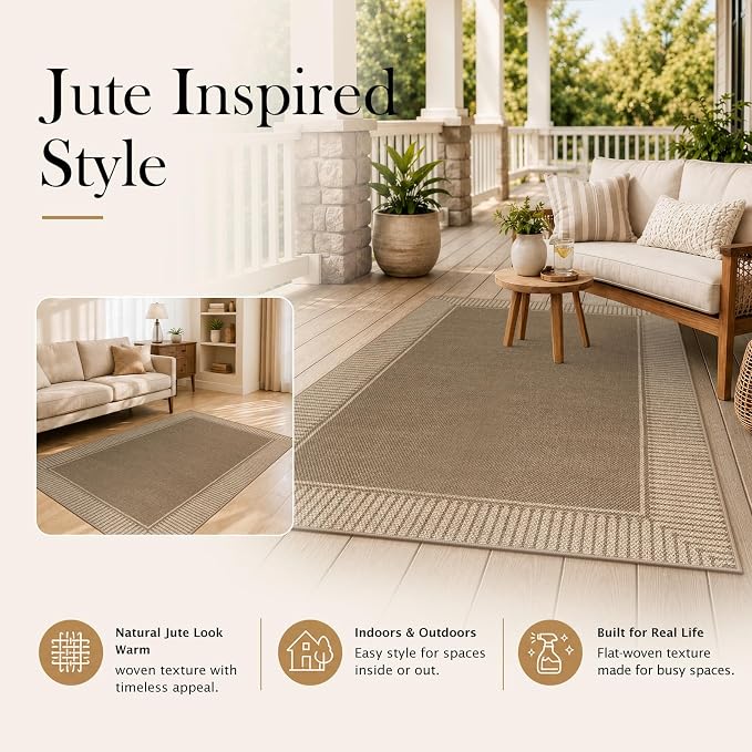 Moynesa Easy Jute Front Door 2x3 Rug, Brown Striped Border Kitchen Mat Non Slip Washable Entryway Throw Rugs, Indoor Outdoor Farmhouse Neutral Doormat Carpets for Bathroom Doorway Porch Foyer