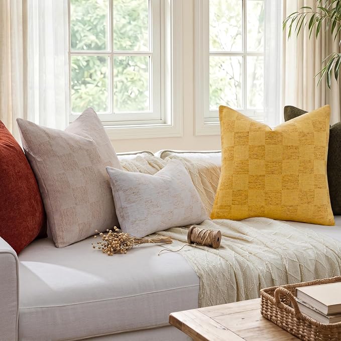 a moment Set of 2 Decorative Linen Throw Pillow Covers,Large Grid Textured Neutral Boho Farmhouse Cushion Covers,Soft Aesthetic Pillowcases for Couch Sofa Living Room Home Decor,20x20 Inch,Yellow