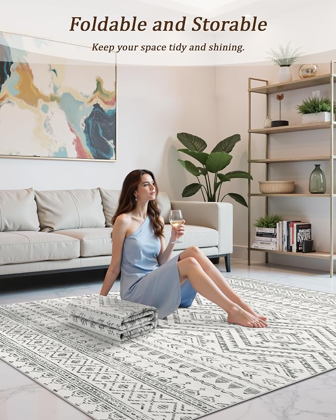 3x5 Washable Rug Moroccan Small Entryway Rug Non Slip Indoor Floor Carpet Foldable Thin Rugs for Kitchen Bedroom with Low Pile(Grey,3'x5')