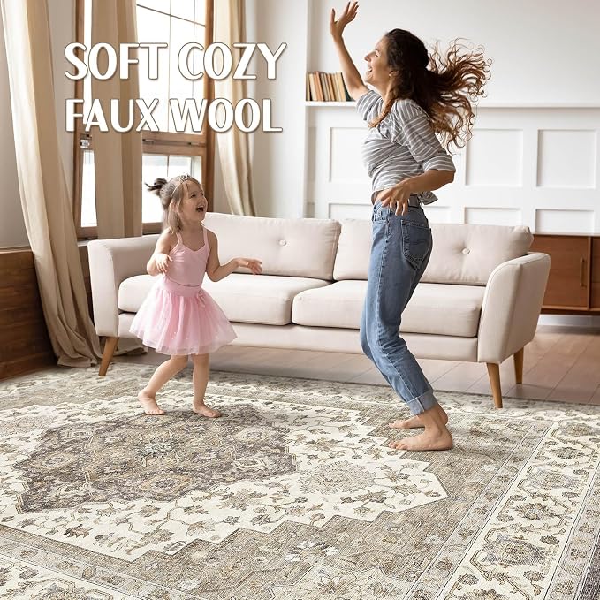7x9 Area Rugs Living Room: Washable Boho Large Neutral Vintage Soft Rug Stain Resistant Farmhouse Non-Slip Indoor Floor Carpet for Bedroom Nursery Kids Playroom Office Dining Room Home- Brown Beige