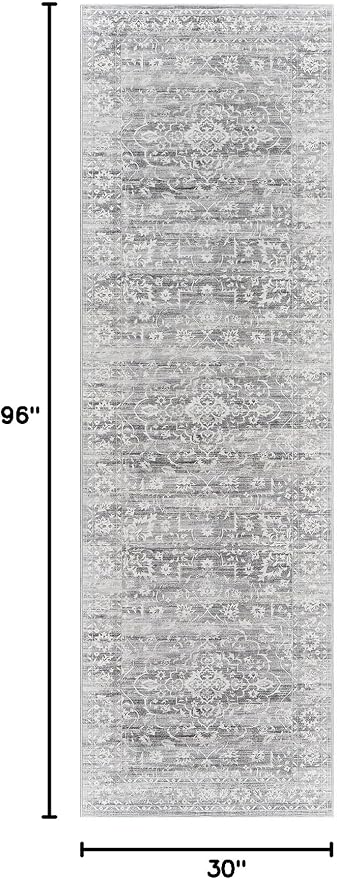 Soalmost 2.5'x8' Runner Rugs for Hallway, Washable Kitchen Runner Rug Grey | Vintage Non-Slip Soft 2'6"x8' Carpet Runner with Rubber Backing for Entryway Laundry Bedroom Farmhouse