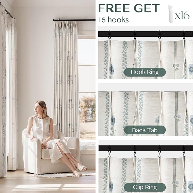 Pinch Pleated Curtains for Living Room Bedroom Dining Room - 92 Inches Light Filtering Floral Curtains Luxury Linen Drapes Farmhouse Window Curtains with Hooks - 2 Panels Set, 40" W x 92" L