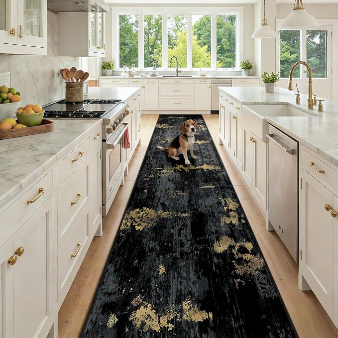 RELEANY Washable Area Rugs 2'6"x14 Non-Slip Modern Abstract Soft for Living Room Entryway Bedroom Kitchen, Print Pattern, Dark Black Gold