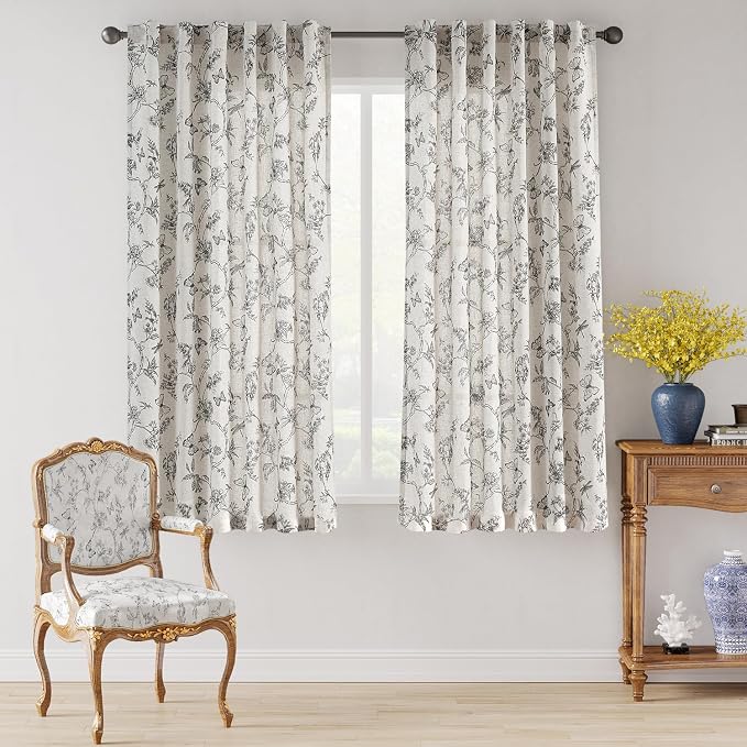 Lazzzy Charlotte Linen Farmhouse Curtains Black Floral Curtains 63 Inch Length Back Tab Drapes for Living Room Bedroom Light Filtering Country Vintage Rod Pocket Curtain, 2 Panels, Black on Beige
