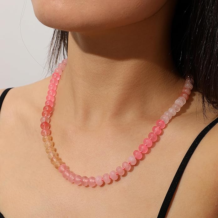 LALAPPLE Colorful Beaded Gemstone Necklace for Women, Boho Rainbow Bead Choker with Natural Stone Crystal Beads, Handmade Summer Beach Necklace Jewelry
