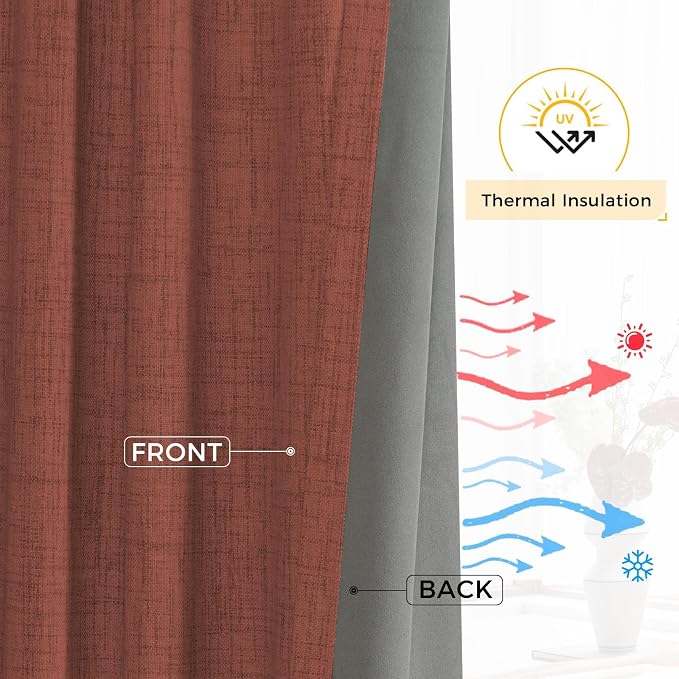 INOVADAY 100% Blackout Curtains for Bedroom, Terracotta Black Out Curtains 96 Inch Long, Clip Rings Linen Blackout Drapes, Thermal Insulated Room Darkening for Living Room, 2 Panels - W50xL96