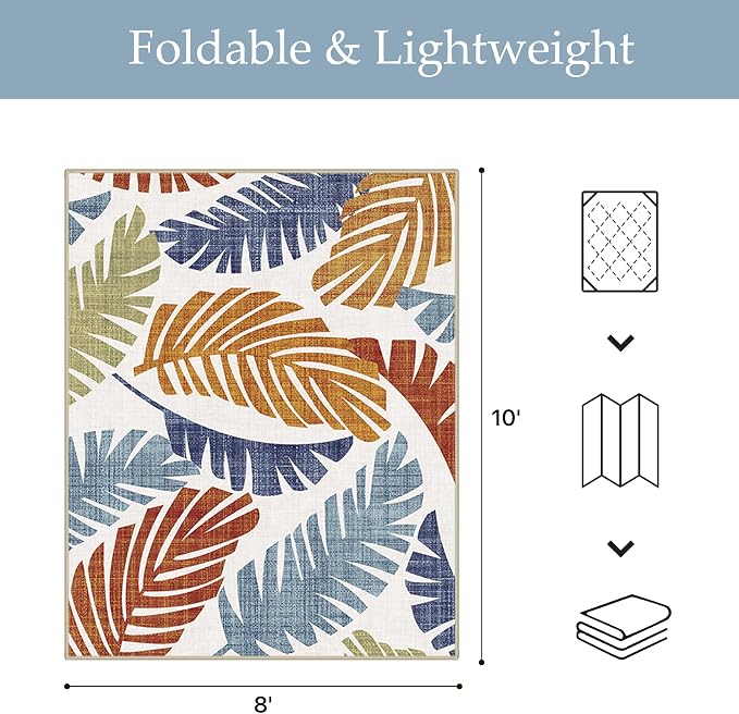 GENIMO 8x10 Outdoor Rug, Washable Quick Dry for Patio, Leaf Rust Navy | Botanical leaf design for backyard; fade resistant chenille with quick-dry non-slip backing for indoor living rooms.