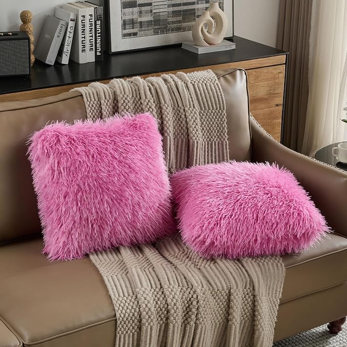 FUTEI Pack of 2 Shaggy Mongolian Faux Wool Throw Pillow Covers 18x18 Inch Soft Fluffy Farmhouse Decorative Cushion Case for Couch Bed Living Room, Hot Pink