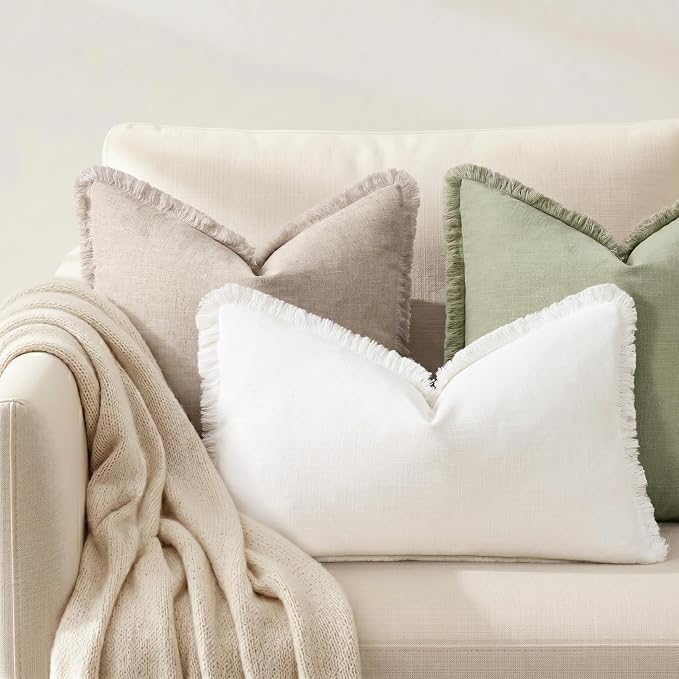 decorUhome Linen Fringe Cream White Throw Pillow Covers 12x20 Set of 2 | Decorative Soft Accent Modern Boho Farmhouse Lumbar Cushion Covers with Tassels Cotton Pillow Covers for Couch Bed Sofa