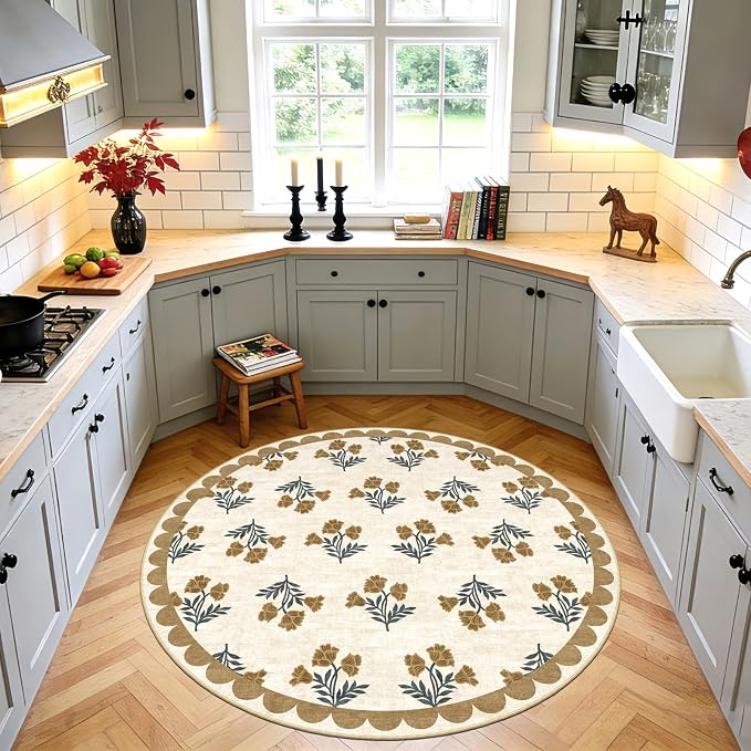 Beige 4ft Round Rug for Entryway - Washable Floral Boho Farmhouse Scalloped Round Area Rug for Bedroom Non Slip Stain Resistant Circle Rugs for Living Room Entryway Bathroom Nursery Apartment