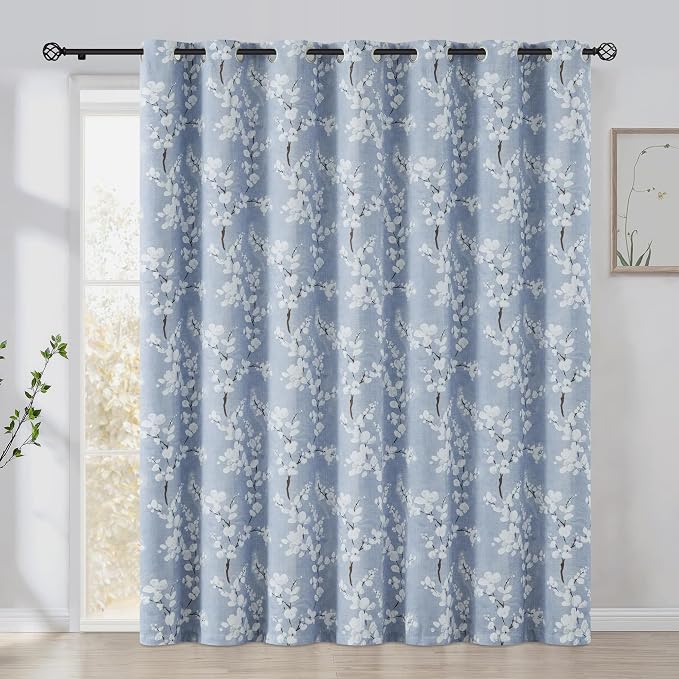 FMFUNCTEX 100% Blackout Blue Floral Curtains 84 Inch Grommet Drapes 1 Panel | Black Out Sliding Glass Door Drapes, Thermal Insulated, Blossom Print Extra 100 Wide Panel for Patio Doors, Room Darkening