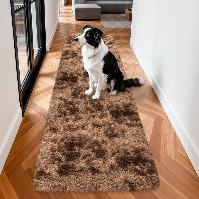 2x8 ft Plush Brown Tie Dye Rug Runner High Pile Fluffy Soft Bedside Rug Fuzzy shag Carpet for Bedroom Living Room Hallway Nursery Kids Home Decor Furry Carpet